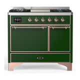 ILVE Majestic III 40-inch Dual Fuel Range with 6 Natural Gas Burner, Griddle and Solid Door Electric Oven in Emerald Green with Copper Trim (UMD40FQNR3EGP)