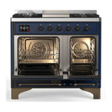ILVE Majestic III 40-inch Dual Fuel Range with 6 Natural Gas Burner, Griddle and Solid Door Electric Oven in Midnight Blue with Burnished Trim (UMD40FQNR3MBB)