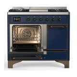 ILVE Majestic III 40-inch Dual Fuel Range with 6 Natural Gas Burner, Griddle and Solid Door Electric Oven in Midnight Blue with Burnished Trim (UMD40FQNR3MBB)