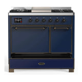 ILVE Majestic III 40-inch Dual Fuel Range with 5 Liquid Propane Burner, Griddle and Solid Door Electric Oven in Midnight Blue with Burnished Trim (UMD40FQNR3MBBLP)