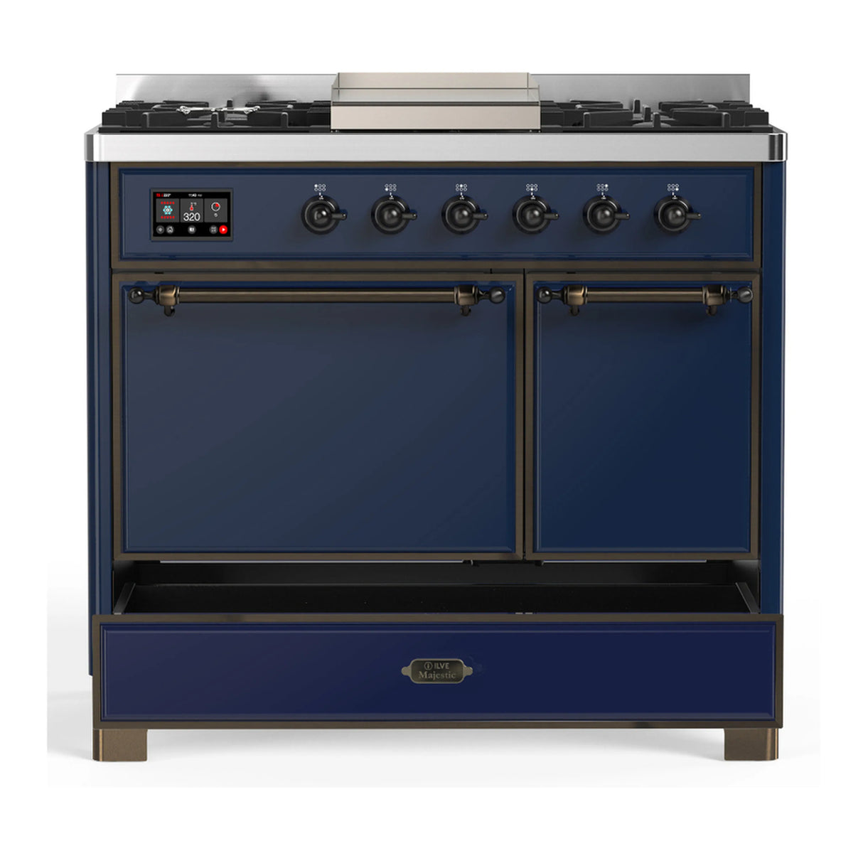 ILVE Majestic III 40-inch Dual Fuel Range with 6 Natural Gas Burner, Griddle and Solid Door Electric Oven in Midnight Blue with Burnished Trim (UMD40FQNR3MBB)