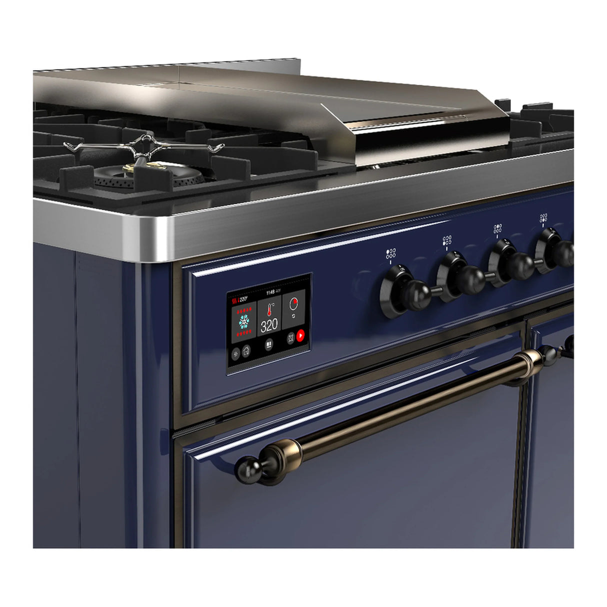 ILVE Majestic III 40-inch Dual Fuel Range with 5 Liquid Propane Burner, Griddle and Solid Door Electric Oven in Midnight Blue with Burnished Trim (UMD40FQNR3MBBLP)