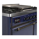 ILVE Majestic III 40-inch Dual Fuel Range with 6 Natural Gas Burner, Griddle and Solid Door Electric Oven in Midnight Blue with Burnished Trim (UMD40FQNR3MBB)