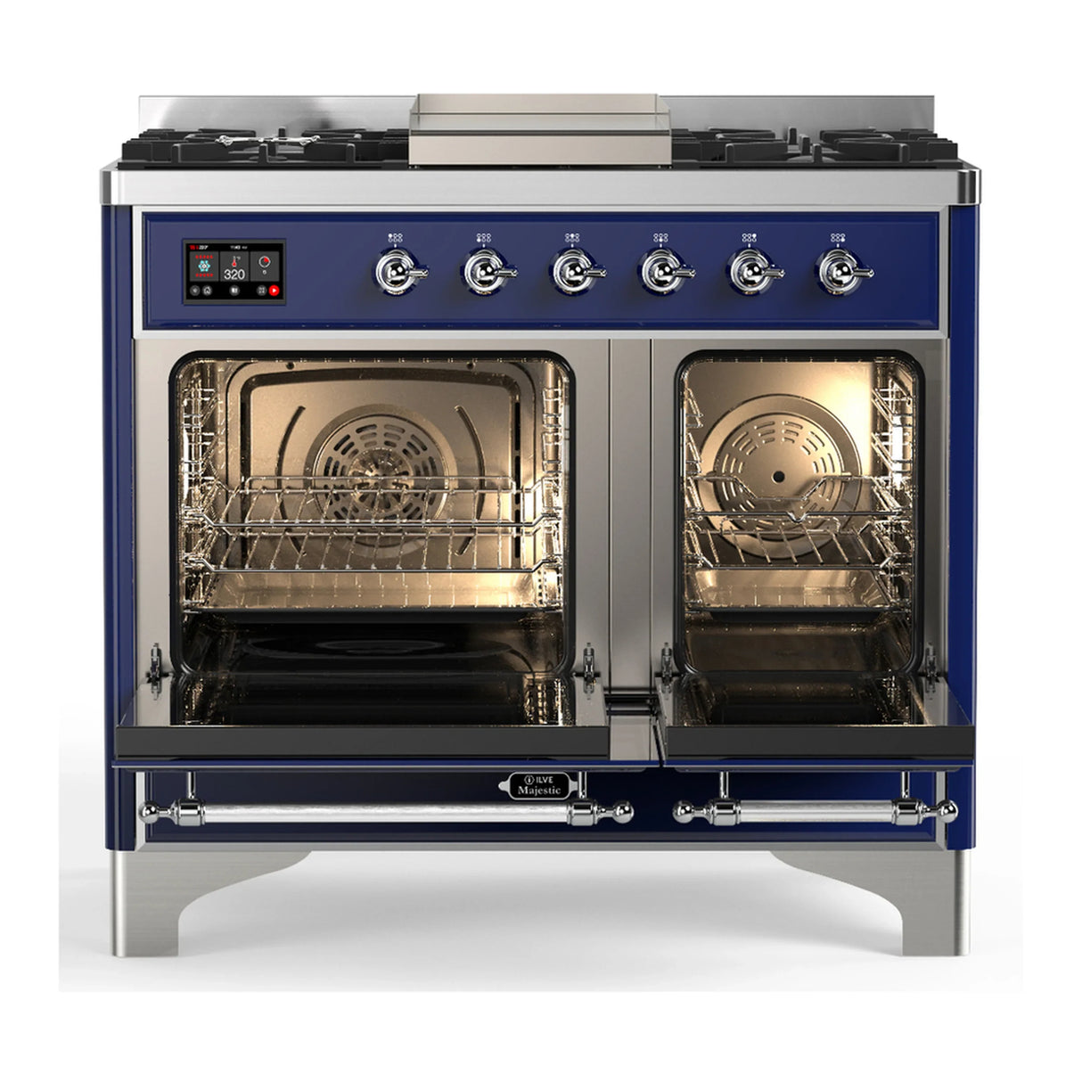 ILVE Majestic III 40-inch Dual Fuel Range with 6 Natural Gas Burner, Griddle and Solid Door Electric Oven in Midnight Blue with Chrome Trim (UMD40FQNR3MBC)
