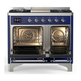 ILVE Majestic III 40-inch Dual Fuel Range with 6 Natural Gas Burner, Griddle and Solid Door Electric Oven in Midnight Blue with Chrome Trim (UMD40FQNR3MBC)