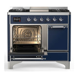 ILVE Majestic III 40-inch Dual Fuel Range with 6 Natural Gas Burner, Griddle and Solid Door Electric Oven in Midnight Blue with Chrome Trim (UMD40FQNR3MBC)
