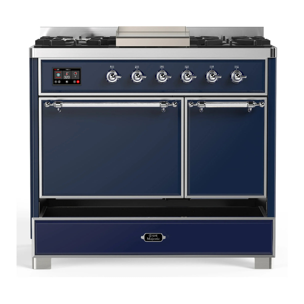 ILVE Majestic III 40-inch Dual Fuel Range with 6 Natural Gas Burner, Griddle and Solid Door Electric Oven in Midnight Blue with Chrome Trim (UMD40FQNR3MBC)