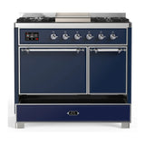 ILVE Majestic III 40-inch Dual Fuel Range with 6 Natural Gas Burner, Griddle and Solid Door Electric Oven in Midnight Blue with Chrome Trim (UMD40FQNR3MBC)