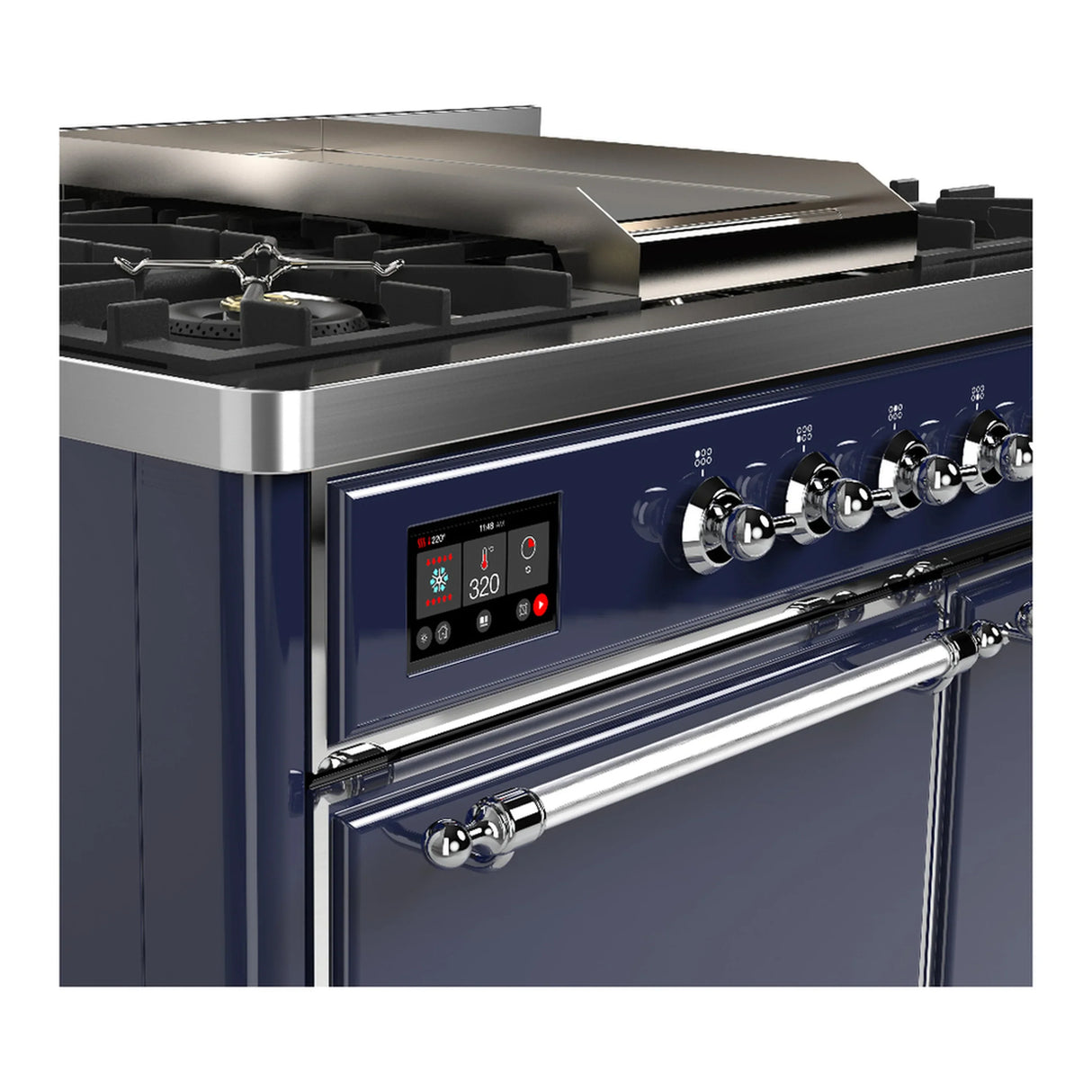 ILVE Majestic III 40-inch Dual Fuel Range with 6 Natural Gas Burner, Griddle and Solid Door Electric Oven in Midnight Blue with Chrome Trim (UMD40FQNR3MBC)