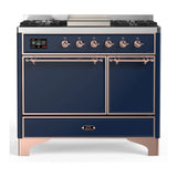 ILVE Majestic III 40-inch Dual Fuel Range with 5 Liquid Propane Burner, Griddle and Solid Door Electric Oven in Midnight Blue with Copper Trim (UMD40FQNR3MBPLP)
