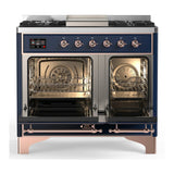 ILVE Majestic III 40-inch Dual Fuel Range with 5 Liquid Propane Burner, Griddle and Solid Door Electric Oven in Midnight Blue with Copper Trim (UMD40FQNR3MBPLP)