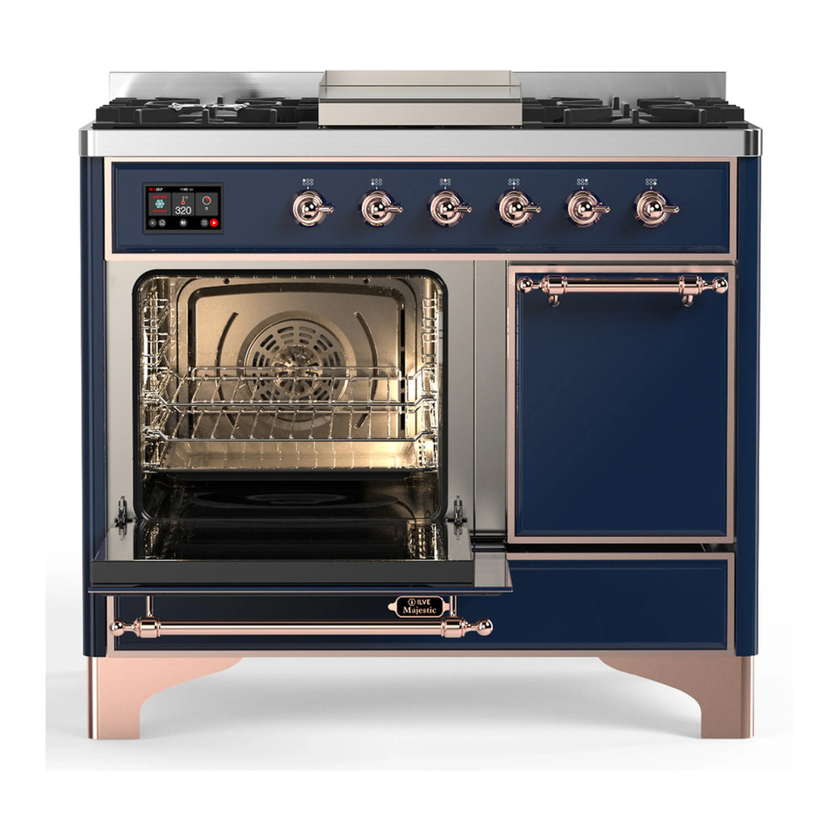 ILVE Majestic III 40-inch Dual Fuel Range with 5 Liquid Propane Burner, Griddle and Solid Door Electric Oven in Midnight Blue with Copper Trim (UMD40FQNR3MBPLP)