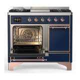 ILVE Majestic III 40-inch Dual Fuel Range with 5 Liquid Propane Burner, Griddle and Solid Door Electric Oven in Midnight Blue with Copper Trim (UMD40FQNR3MBPLP)