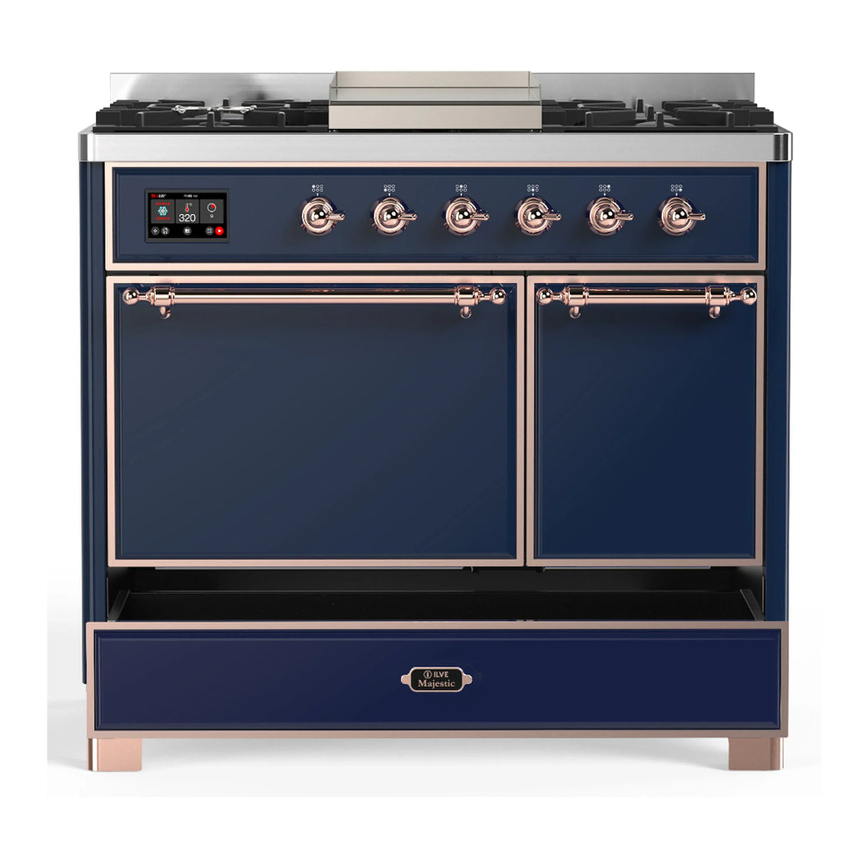 ILVE Majestic III 40-inch Dual Fuel Range with 5 Liquid Propane Burner, Griddle and Solid Door Electric Oven in Midnight Blue with Copper Trim (UMD40FQNR3MBPLP)