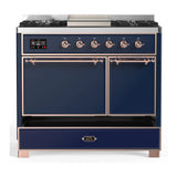ILVE Majestic III 40-inch Dual Fuel Range with 5 Liquid Propane Burner, Griddle and Solid Door Electric Oven in Midnight Blue with Copper Trim (UMD40FQNR3MBPLP)