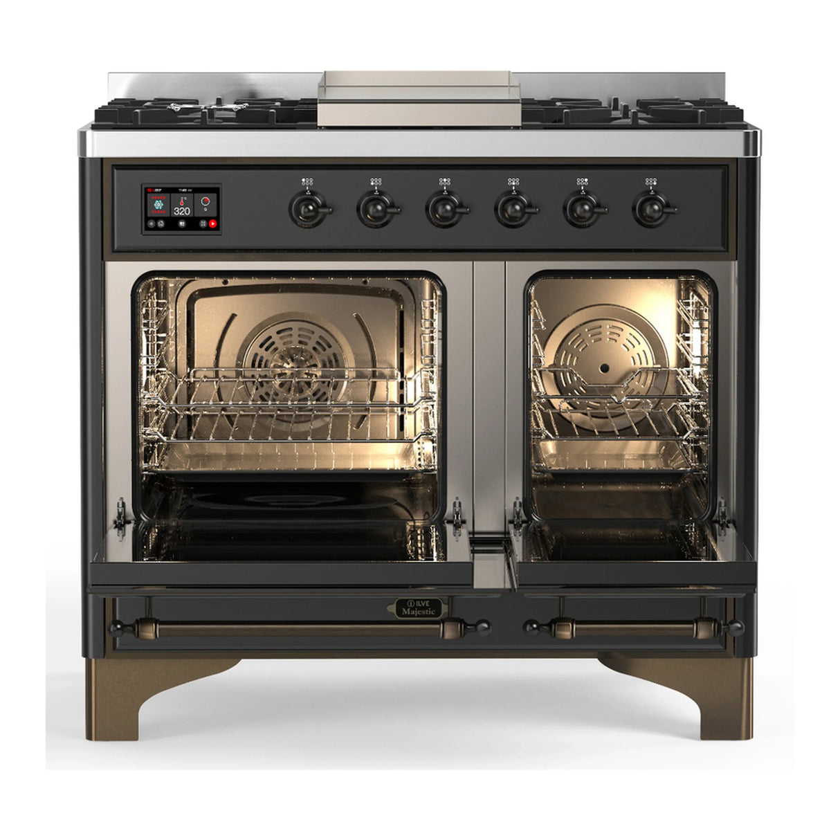 ILVE Majestic III 40-inch Dual Fuel Range with 6 Natural Gas Burner, Griddle and Solid Door Electric Oven in Graphite Matte with Burnished Trim (UMD40FQNR3MGB)
