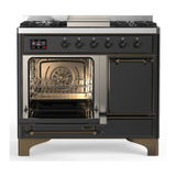ILVE Majestic III 40-inch Dual Fuel Range with 6 Natural Gas Burner, Griddle and Solid Door Electric Oven in Graphite Matte with Burnished Trim (UMD40FQNR3MGB)