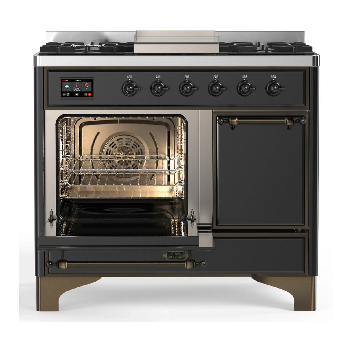 ILVE Majestic III 40-inch Dual Fuel Range with 5 Liquid Propane Burner, Griddle and Solid Door Electric Oven in Graphite Matte with Burnished Trim (UMD40FQNR3MGBLP)