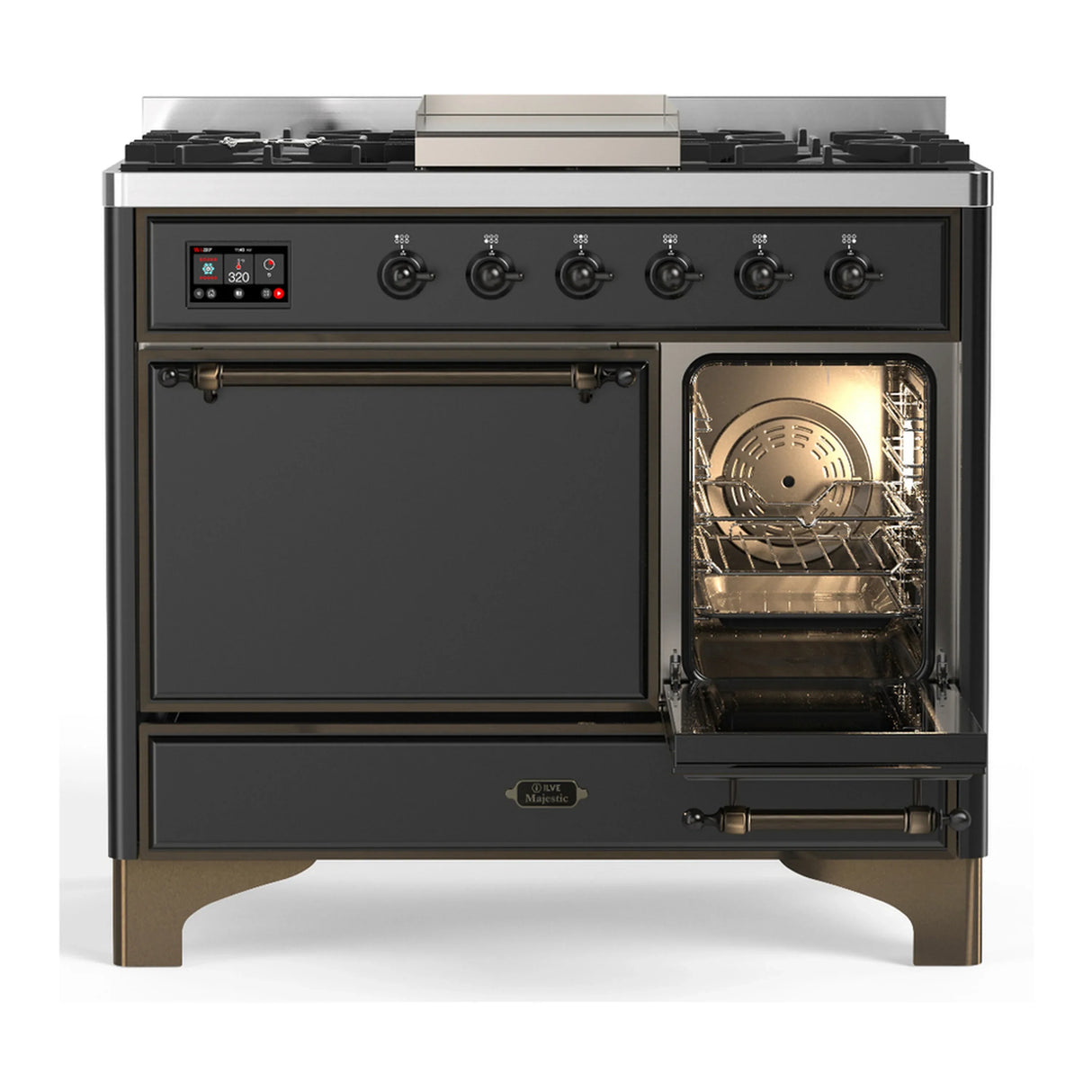ILVE Majestic III 40-inch Dual Fuel Range with 6 Natural Gas Burner, Griddle and Solid Door Electric Oven in Graphite Matte with Burnished Trim (UMD40FQNR3MGB)
