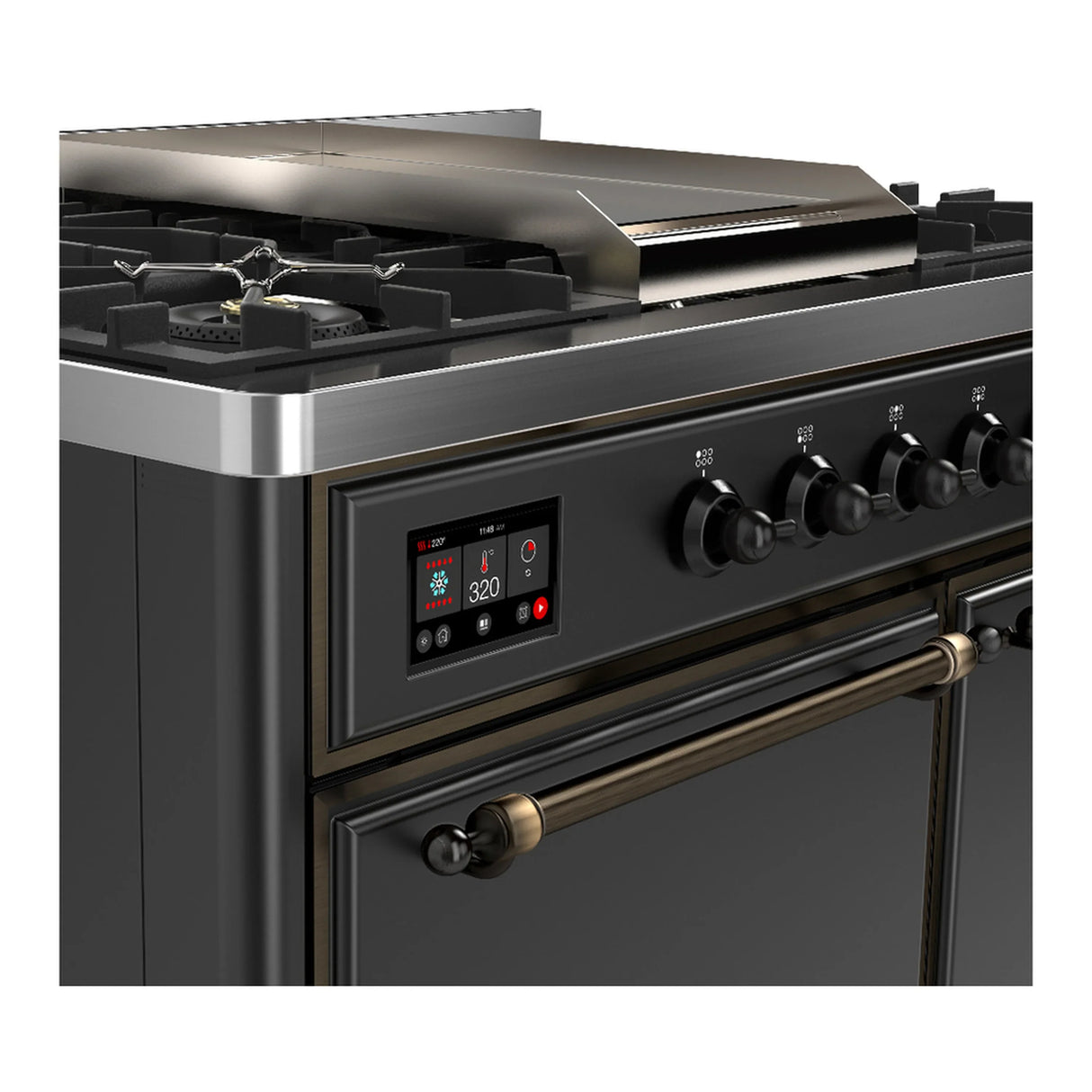 ILVE Majestic III 40-inch Dual Fuel Range with 5 Liquid Propane Burner, Griddle and Solid Door Electric Oven in Graphite Matte with Burnished Trim (UMD40FQNR3MGBLP)