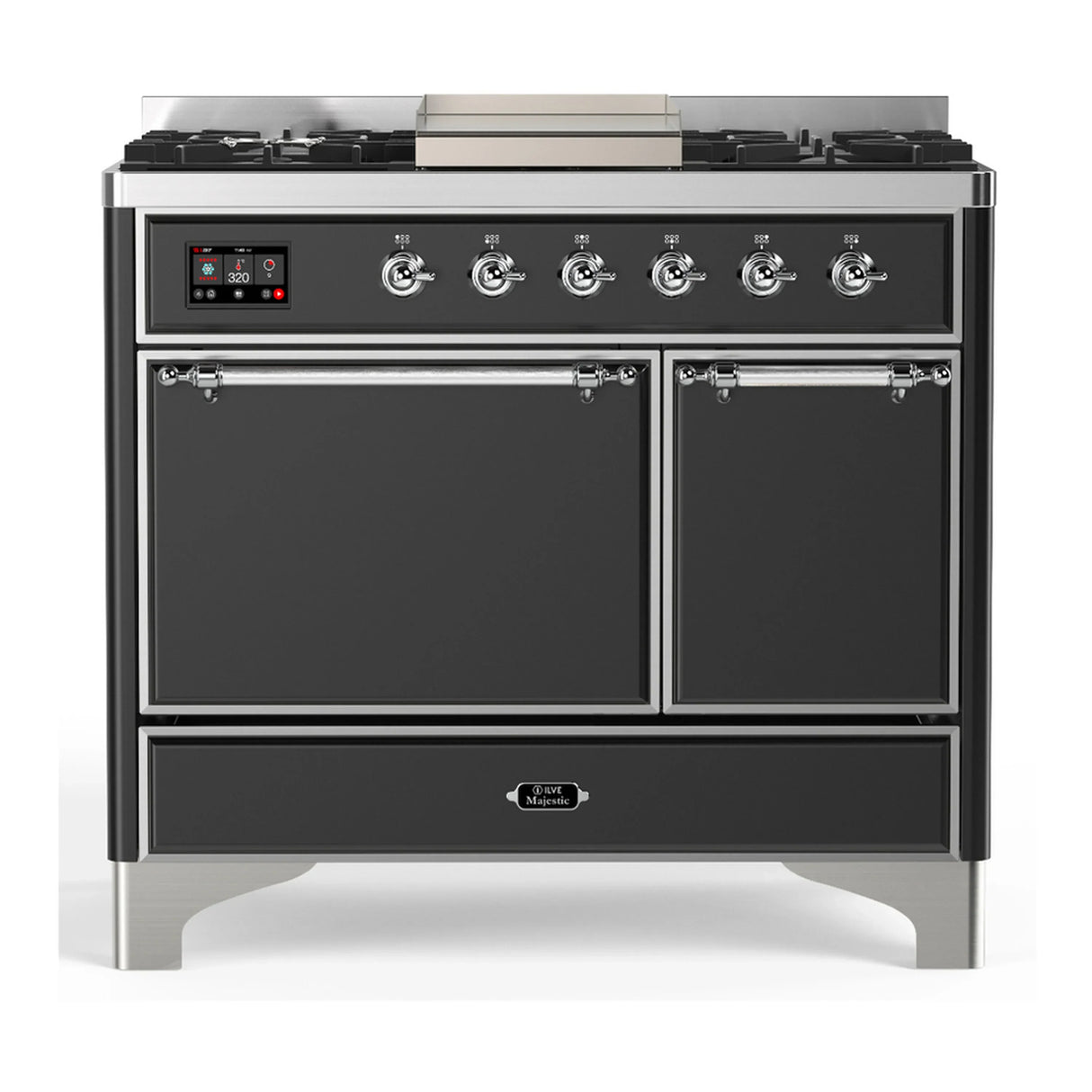 ILVE Majestic III 40-inch Dual Fuel Range with 5 Liquid Propane Burner, Griddle and Solid Door Electric Oven in Graphite Matte with Chrome Trim (UMD40FQNR3MGCLP)