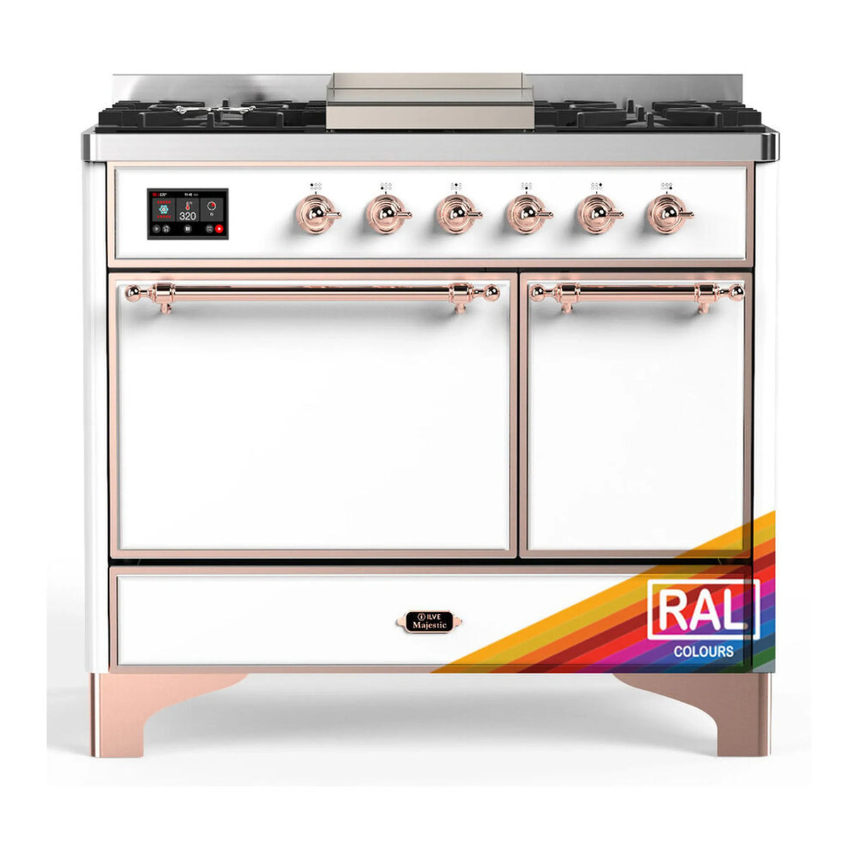 ILVE Majestic III 40-inch Dual Fuel Range with 5 Liquid Propane Burner, Griddle and Solid Door Electric Oven in RAL with Copper Trim (UMD40FQNR3RAPLP)