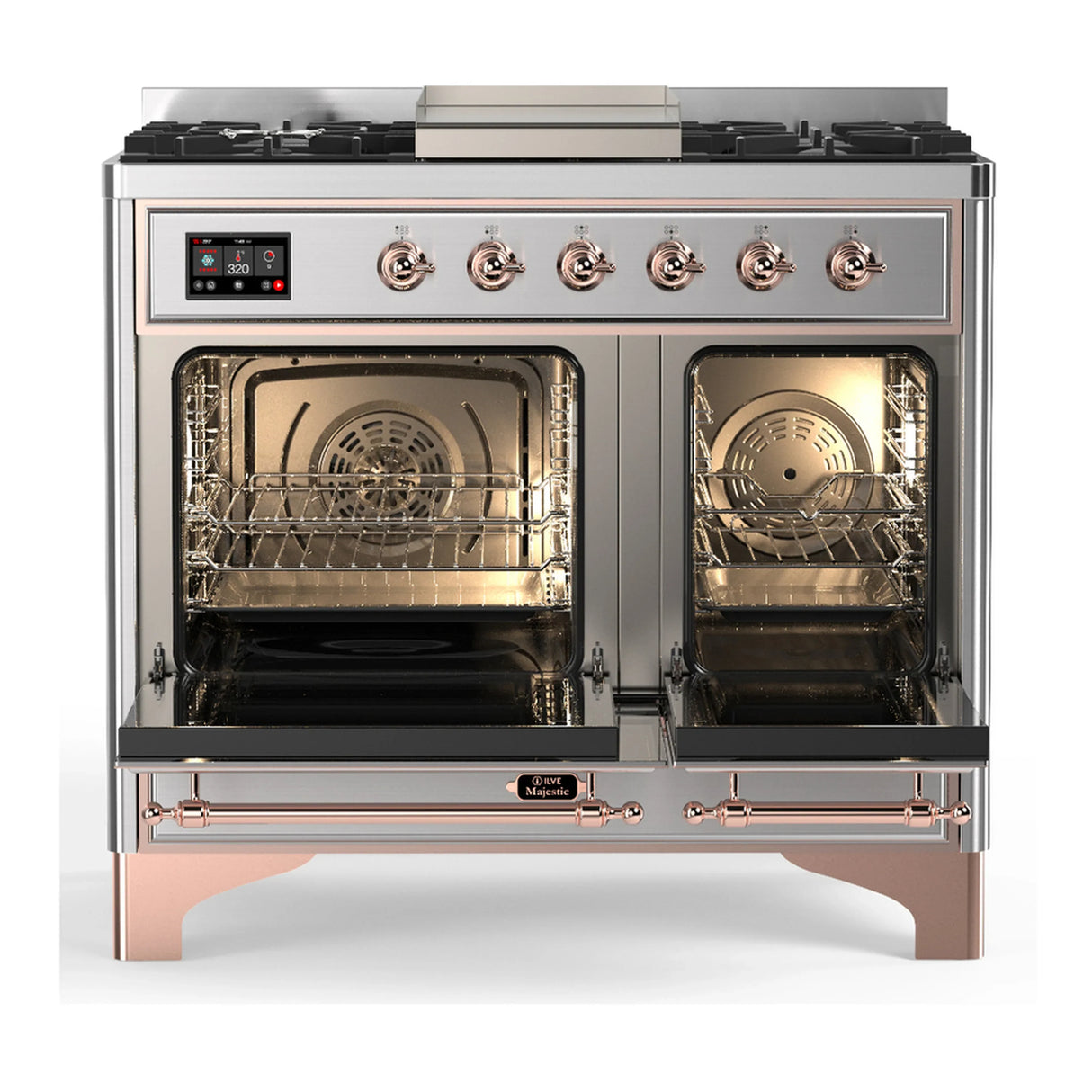 ILVE Majestic III 40-inch Dual Fuel Range with 6 Natural Gas Burner, Griddle and Solid Door Electric Oven in Stainless Steel with Copper Trim (UMD40FQNR3SSP)