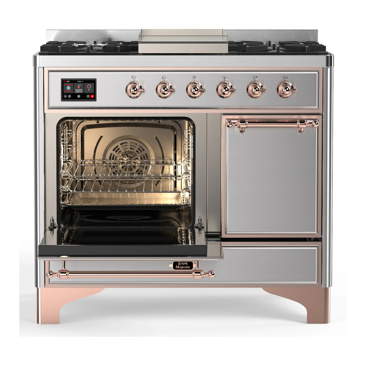 ILVE Majestic III 40-inch Dual Fuel Range with 6 Natural Gas Burner, Griddle and Solid Door Electric Oven in Stainless Steel with Copper Trim (UMD40FQNR3SSP)