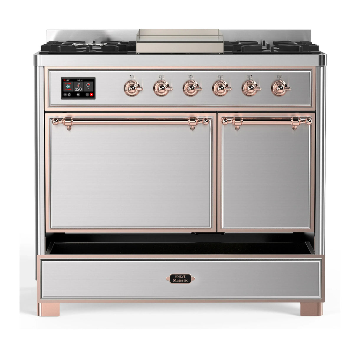 ILVE Majestic III 40-inch Dual Fuel Range with 6 Natural Gas Burner, Griddle and Solid Door Electric Oven in Stainless Steel with Copper Trim (UMD40FQNR3SSP)