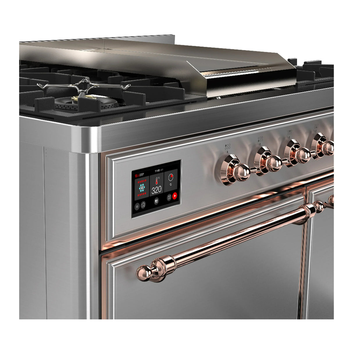 ILVE Majestic III 40-inch Dual Fuel Range with 6 Natural Gas Burner, Griddle and Solid Door Electric Oven in Stainless Steel with Copper Trim (UMD40FQNR3SSP)