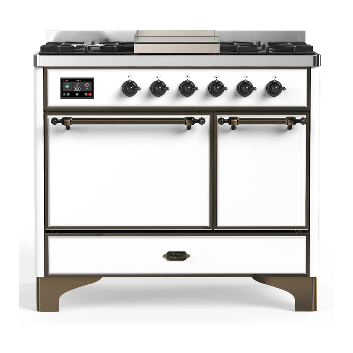 ILVE Majestic III 40-inch Dual Fuel Range with 5 Liquid Propane Burner, Griddle and Solid Door Electric Oven in White with Burnished Trim (UMD40FQNR3WHBLP)
