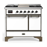 ILVE Majestic III 40-inch Dual Fuel Range with 5 Liquid Propane Burner, Griddle and Solid Door Electric Oven in White with Burnished Trim (UMD40FQNR3WHBLP)