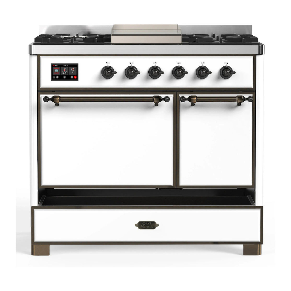 ILVE Majestic III 40-inch Dual Fuel Range with 5 Liquid Propane Burner, Griddle and Solid Door Electric Oven in White with Burnished Trim (UMD40FQNR3WHBLP)