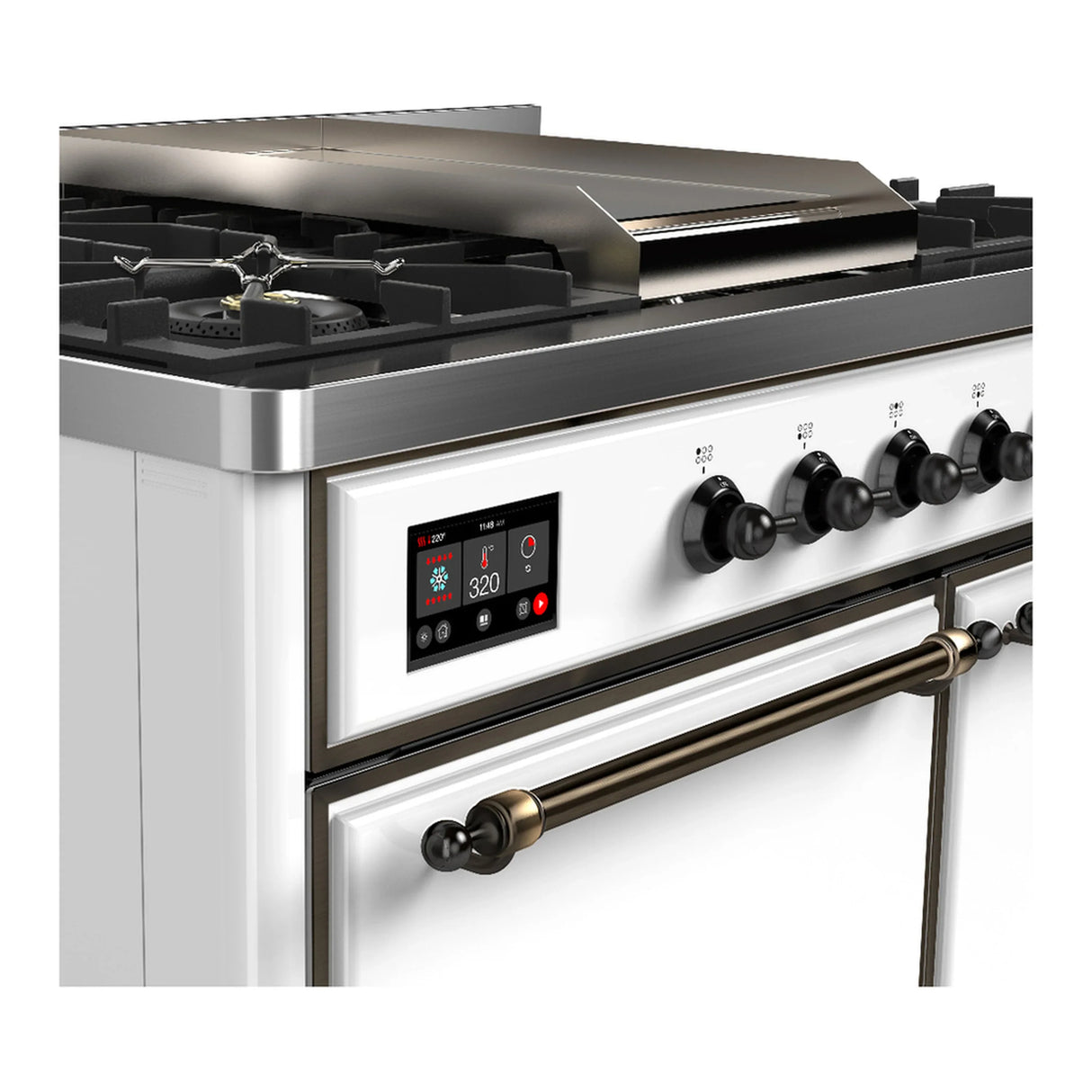 ILVE Majestic III 40-inch Dual Fuel Range with 5 Liquid Propane Burner, Griddle and Solid Door Electric Oven in White with Burnished Trim (UMD40FQNR3WHBLP)