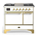 ILVE Majestic III 40-inch Dual Fuel Range with 5 Liquid Propane Burner, Griddle and Solid Door Electric Oven in White with Brass Trim (UMD40FQNR3WHGLP)