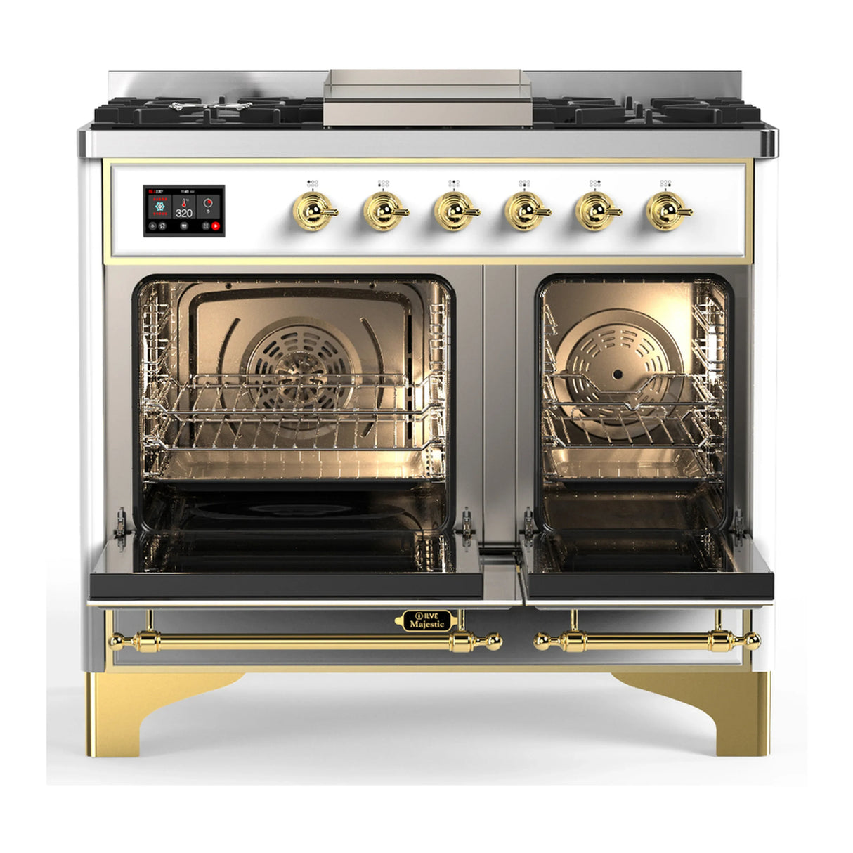 ILVE Majestic III 40-inch Dual Fuel Range with 5 Liquid Propane Burner, Griddle and Solid Door Electric Oven in White with Brass Trim (UMD40FQNR3WHGLP)