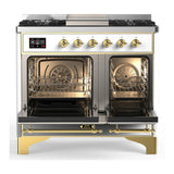ILVE Majestic III 40-inch Dual Fuel Range with 5 Liquid Propane Burner, Griddle and Solid Door Electric Oven in White with Brass Trim (UMD40FQNR3WHGLP)