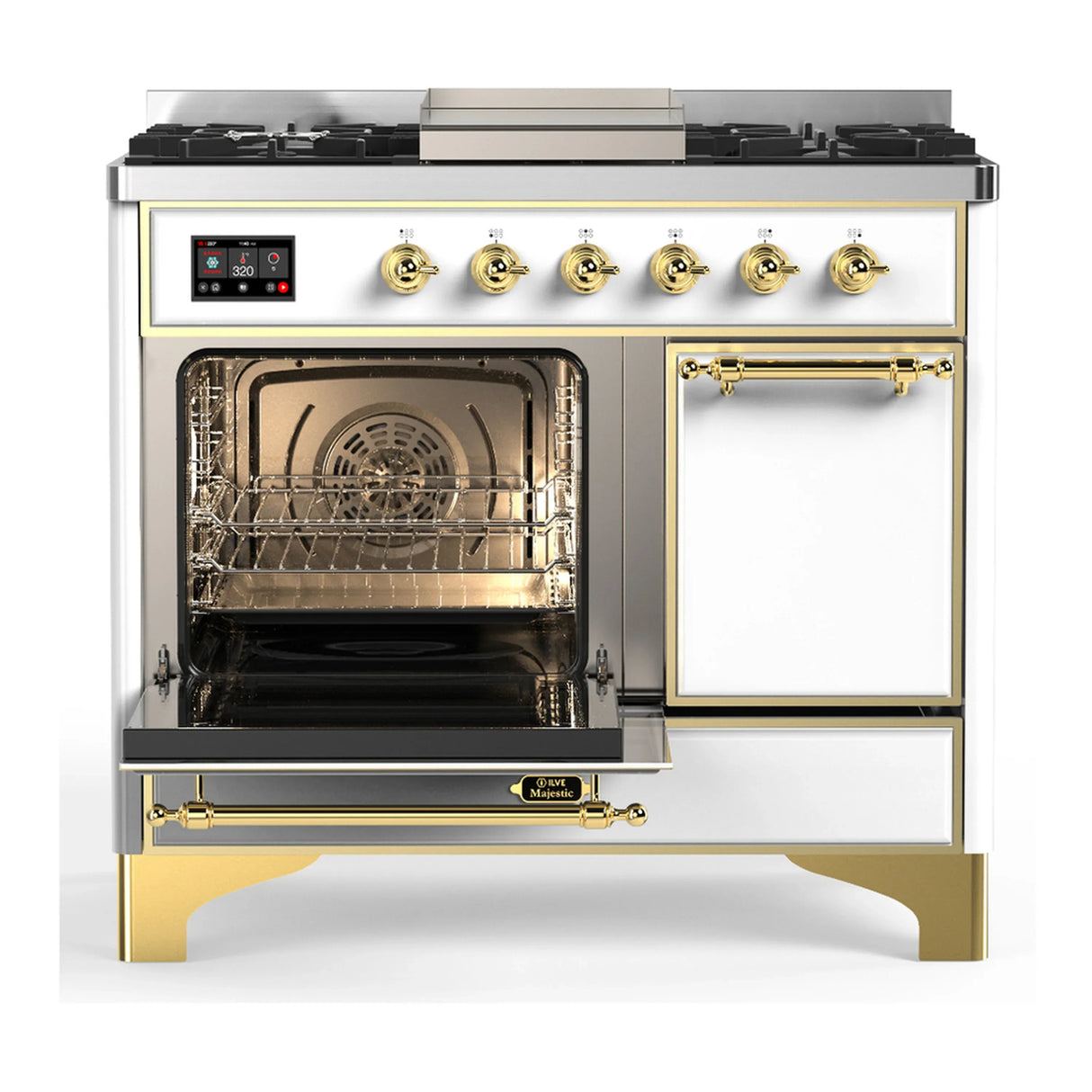 ILVE Majestic III 40-inch Dual Fuel Range with 5 Liquid Propane Burner, Griddle and Solid Door Electric Oven in White with Brass Trim (UMD40FQNR3WHGLP)
