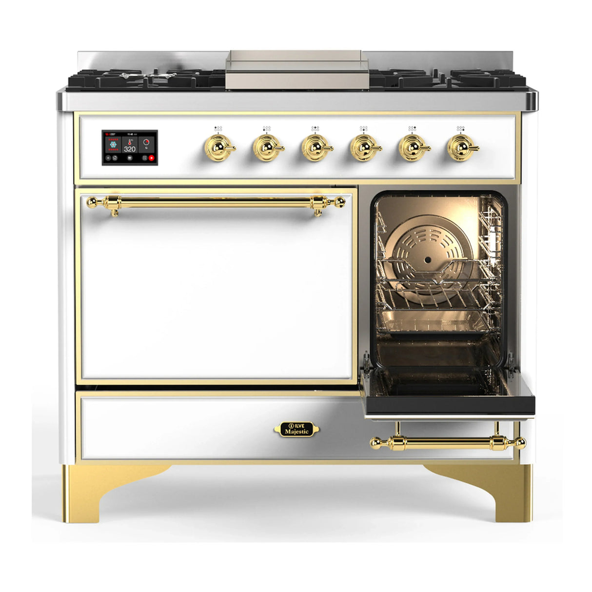 ILVE Majestic III 40-inch Dual Fuel Range with 5 Liquid Propane Burner, Griddle and Solid Door Electric Oven in White with Brass Trim (UMD40FQNR3WHGLP)