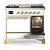 ILVE Majestic III 40-inch Dual Fuel Range with 5 Liquid Propane Burner, Griddle and Solid Door Electric Oven in White with Brass Trim (UMD40FQNR3WHGLP)