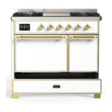 ILVE Majestic III 40-inch Dual Fuel Range with 5 Liquid Propane Burner, Griddle and Solid Door Electric Oven in White with Brass Trim (UMD40FQNR3WHGLP)