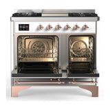 ILVE Majestic III 40-inch Dual Fuel Range with 6 Natural Gas Burner, Griddle and Solid Door Electric Oven in White with Copper Trim (UMD40FQNR3WHP)