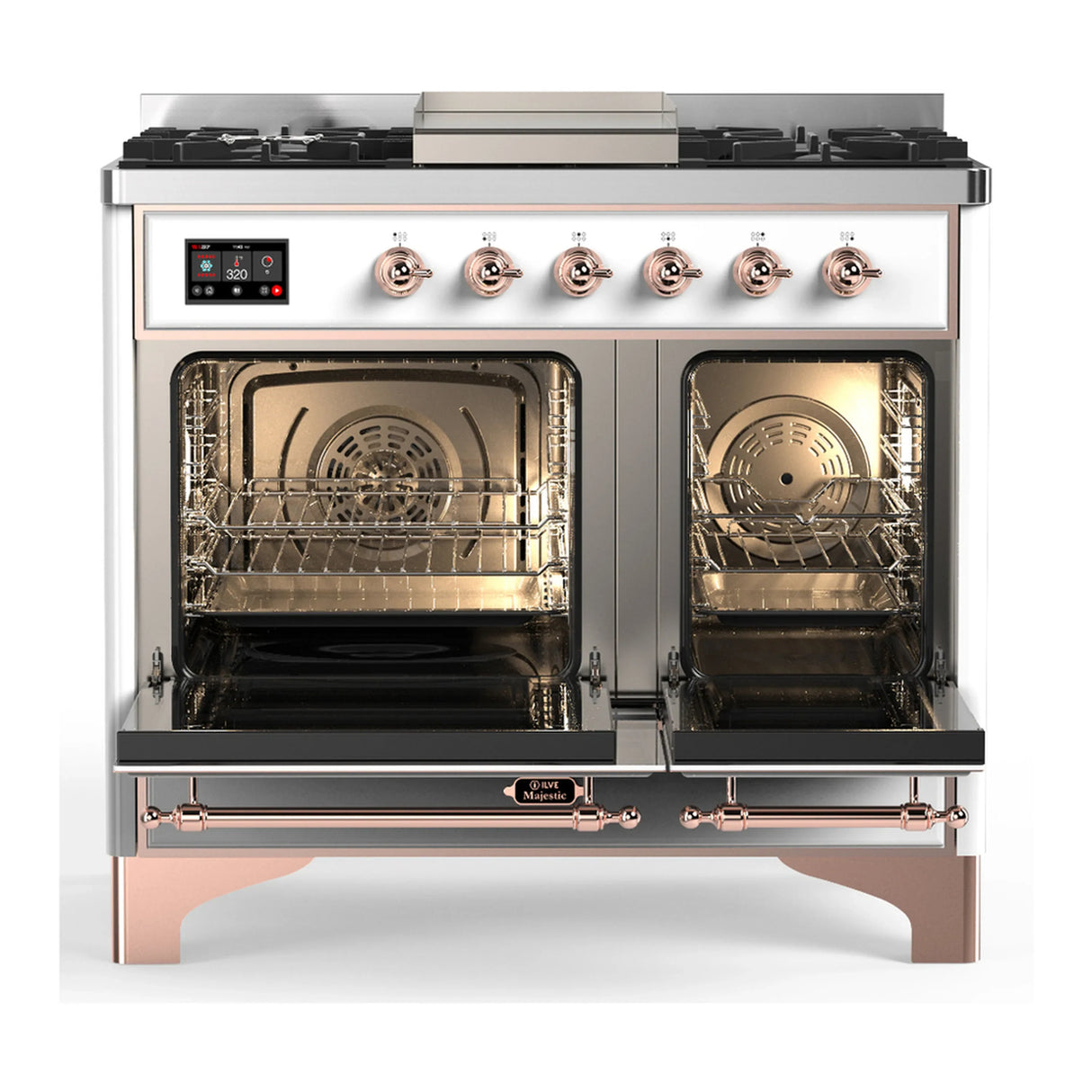 ILVE Majestic III 40-inch Dual Fuel Range with 5 Liquid Propane Burner, Griddle and Solid Door Electric Oven in White with Copper Trim (UMD40FQNR3WHPLP)