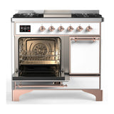 ILVE Majestic III 40-inch Dual Fuel Range with 6 Natural Gas Burner, Griddle and Solid Door Electric Oven in White with Copper Trim (UMD40FQNR3WHP)