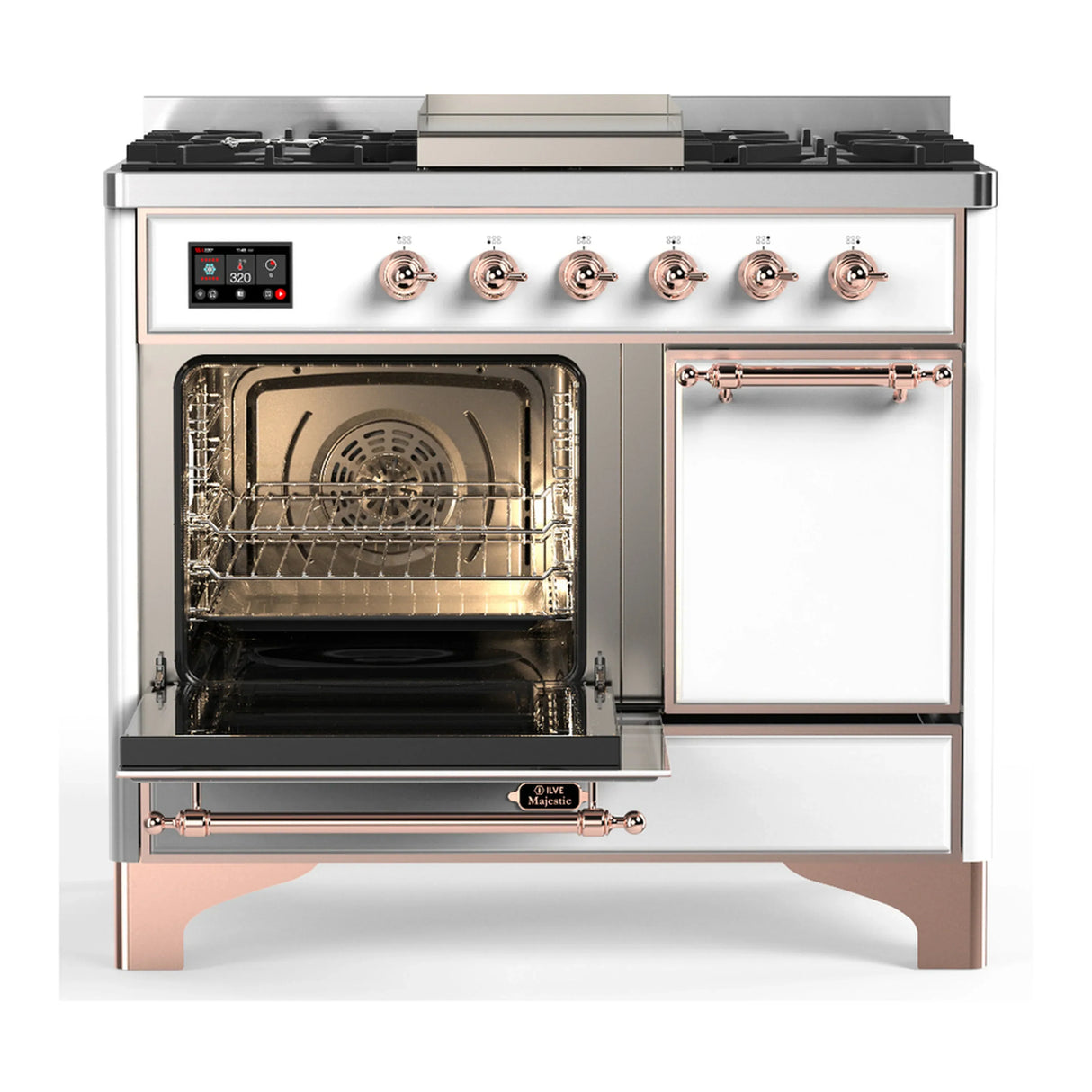 ILVE Majestic III 40-inch Dual Fuel Range with 5 Liquid Propane Burner, Griddle and Solid Door Electric Oven in White with Copper Trim (UMD40FQNR3WHPLP)