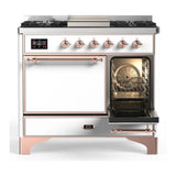 ILVE Majestic III 40-inch Dual Fuel Range with 5 Liquid Propane Burner, Griddle and Solid Door Electric Oven in White with Copper Trim (UMD40FQNR3WHPLP)
