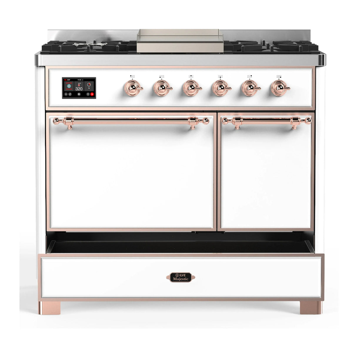 ILVE Majestic III 40-inch Dual Fuel Range with 6 Natural Gas Burner, Griddle and Solid Door Electric Oven in White with Copper Trim (UMD40FQNR3WHP)