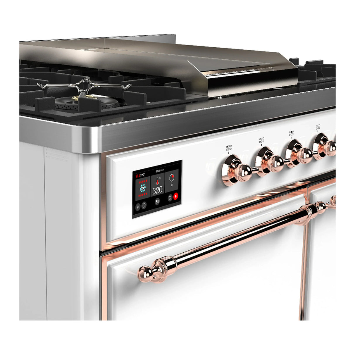 ILVE Majestic III 40-inch Dual Fuel Range with 5 Liquid Propane Burner, Griddle and Solid Door Electric Oven in White with Copper Trim (UMD40FQNR3WHPLP)