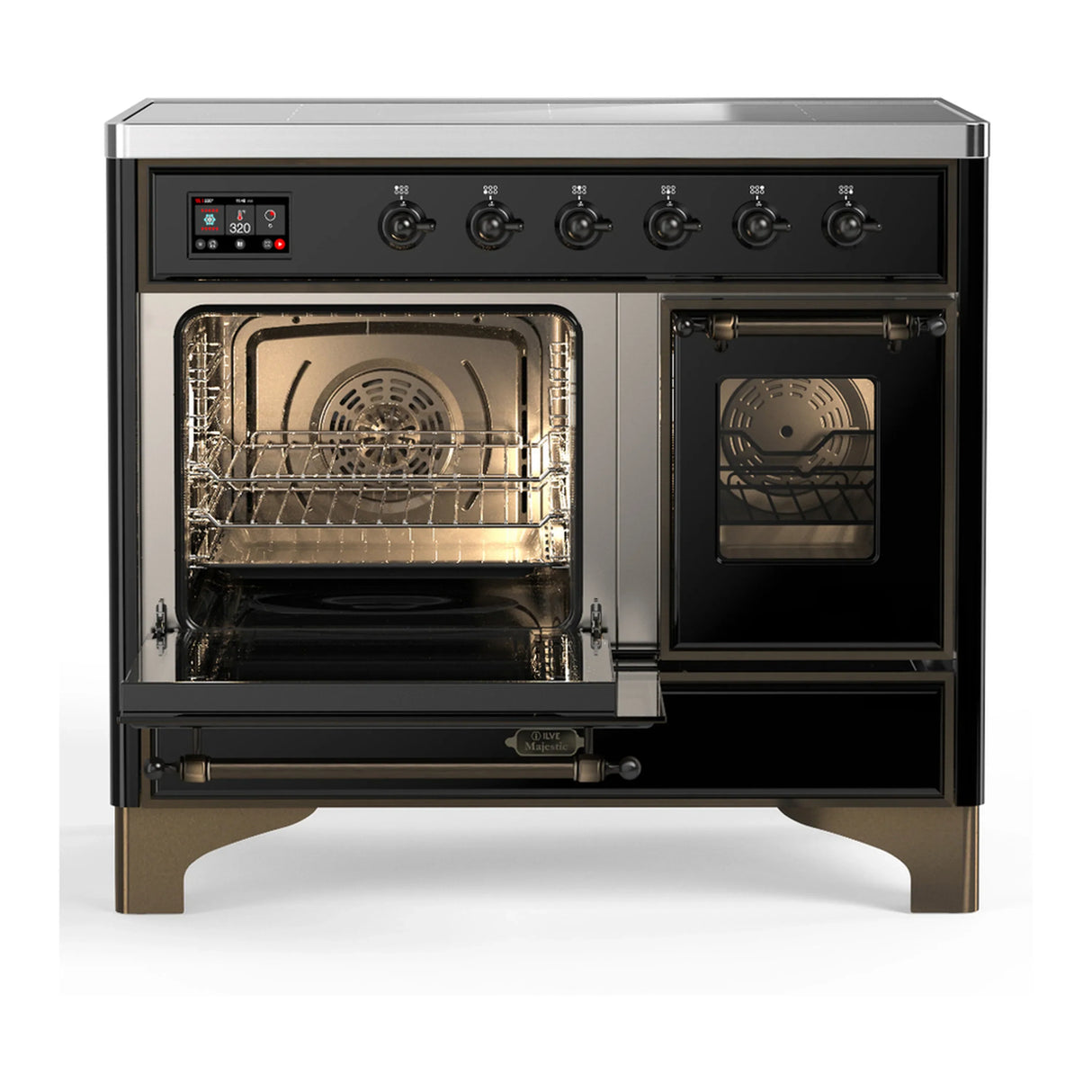 ILVE Majestic III 40-Inch Induction Range with 6 Induction Elements and Triple Glass Door Electric Oven in Glossy Black with Burnished Trim (UMDIB40NR3BKB)
