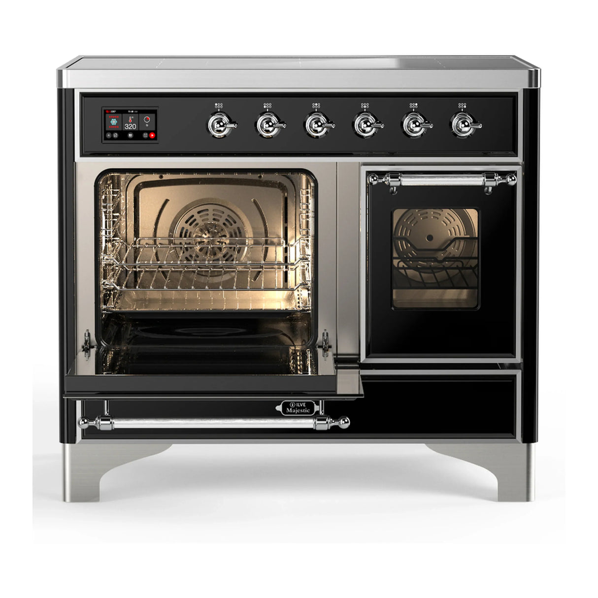 ILVE Majestic III 40-Inch Induction Range with 6 Induction Elements and Triple Glass Door Electric Oven in Glossy Black with Chrome Trim (UMDIB40NR3BKC)